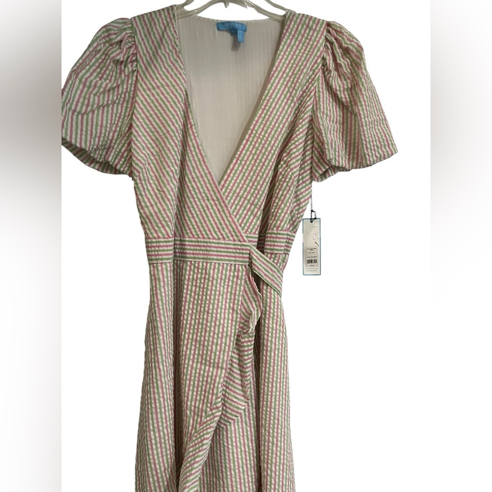 Drapper James Pink and Green Wrap Dress with Puff Sleeves. S NWT